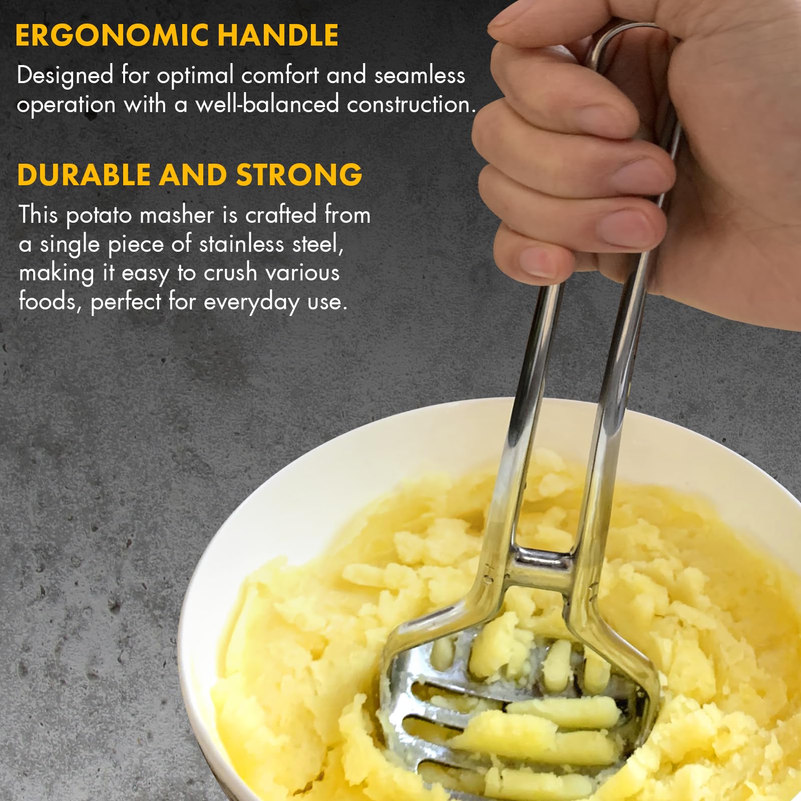 qAp Quality Art Practical 11-inch masher emphasizing strong leverage for large batches.