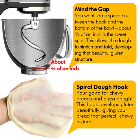 Dough hook in use with a tilt-head mixer for kneading dough