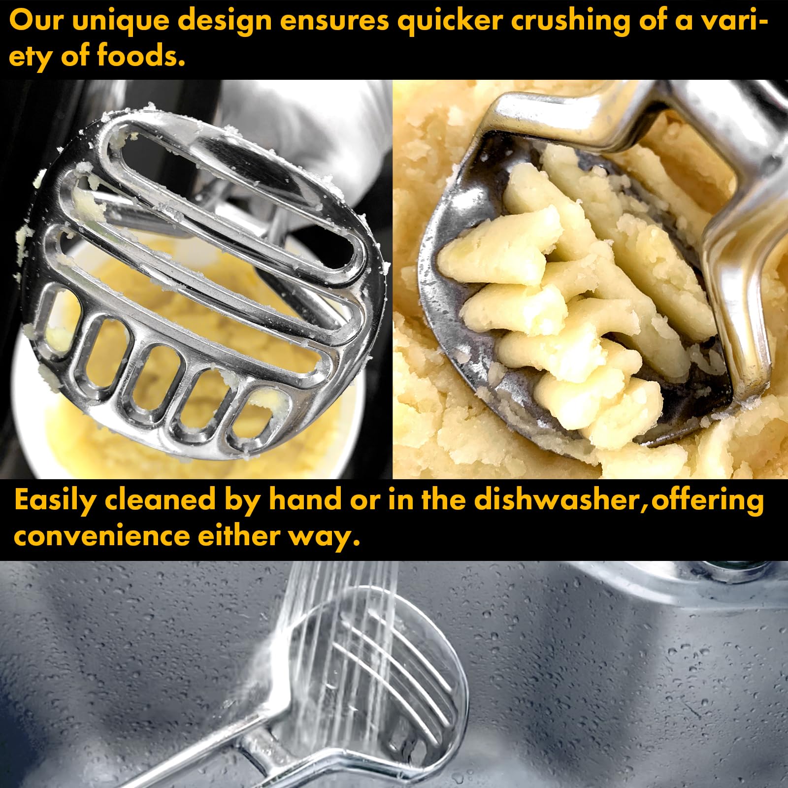 qAp Quality Art Practical masher with different-sized holes for smooth mashing.