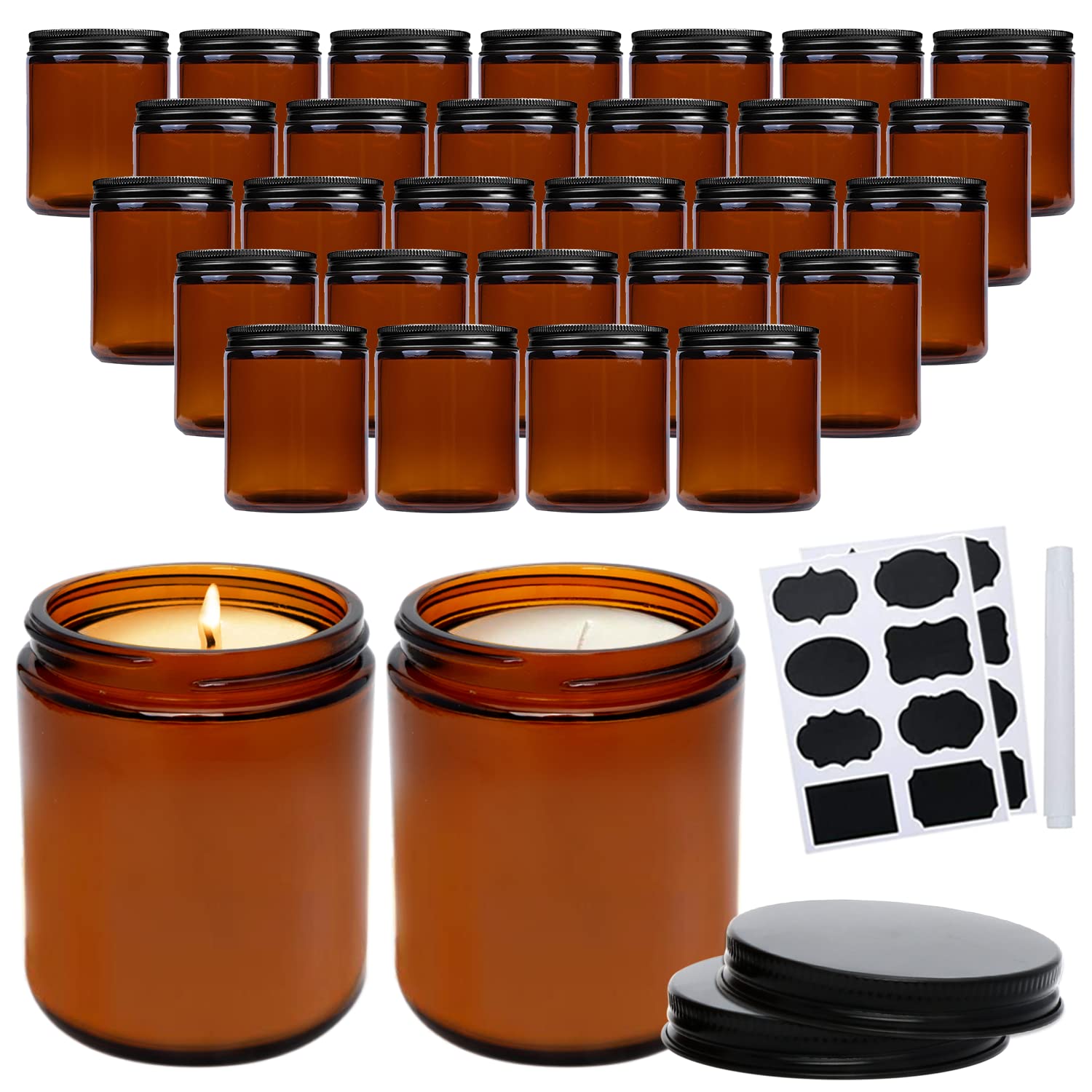QAPPDA amber glass jar with black lid for candle making and storage.
