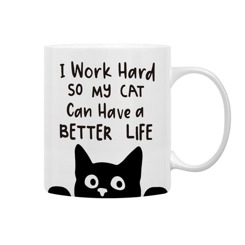 QASHWEY work-hard cat-life mug, front view, daily motivation.