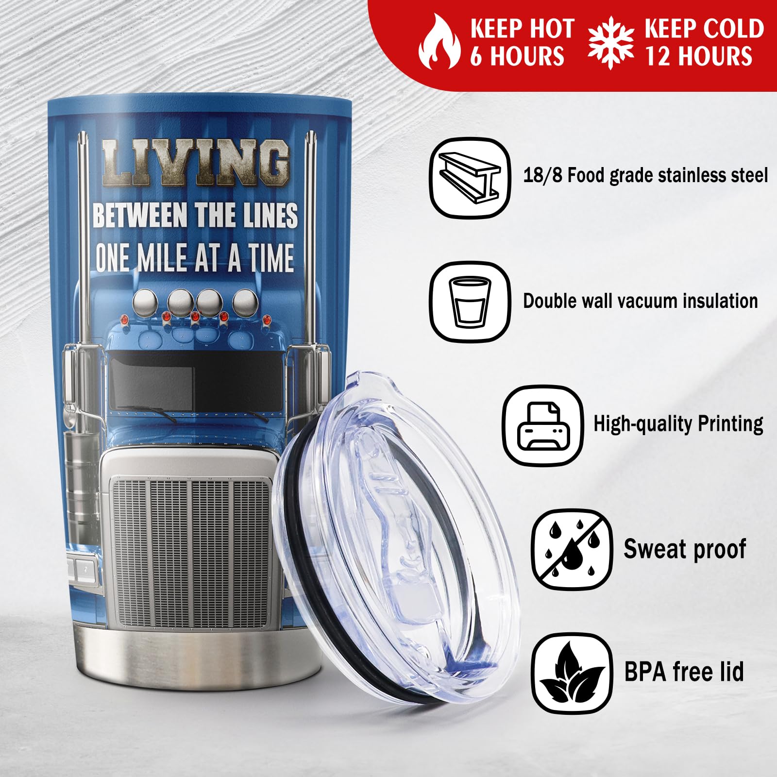 Qatdey truck driver tumbler side view highlighting durable stainless steel for rugged use.