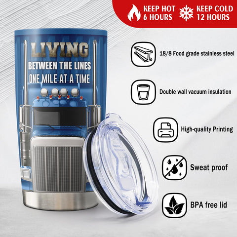 Qatdey truck driver tumbler side view highlighting durable stainless steel for rugged use.