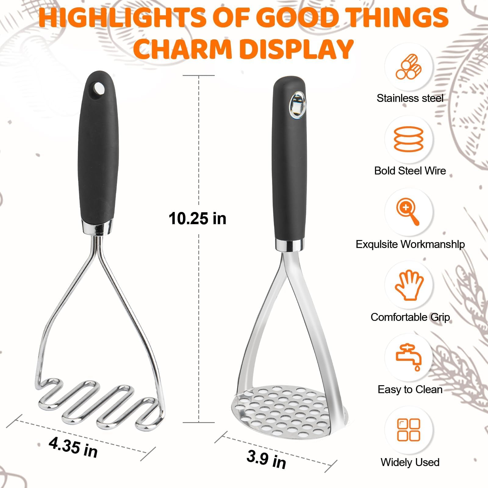 Qbily honeycomb-head masher promotes thorough mashing of vegetables.