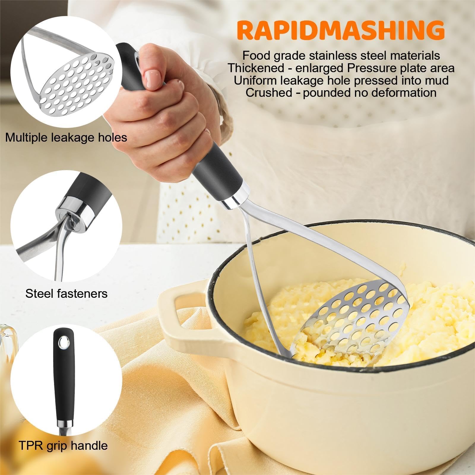 Qbily masher with stainless steel wires resists stains and rust.