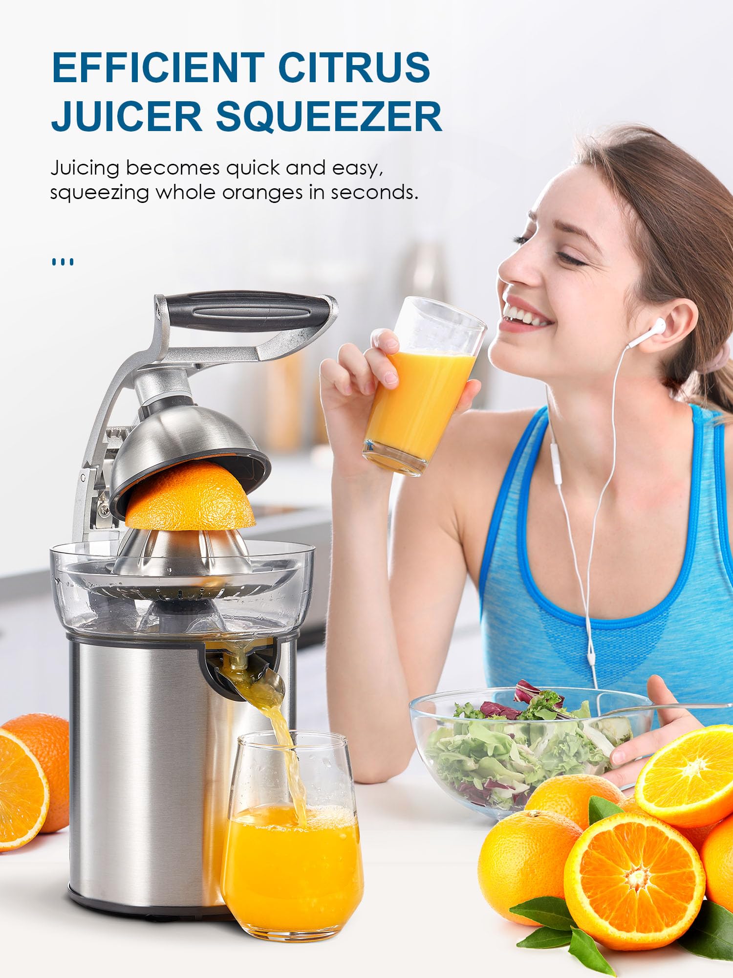 QCen Electric Citrus Juicer cones accommodate large and small fruits for variety