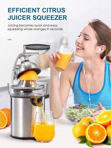 QCen Electric Citrus Juicer cones accommodate large and small fruits for variety