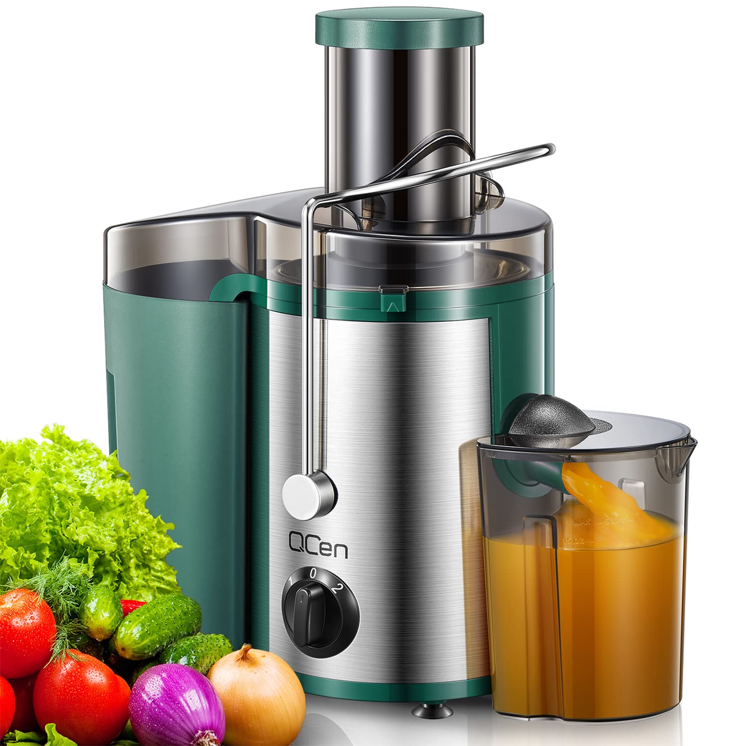 QCen juicer 500W motor close-up highlights power for quick juice