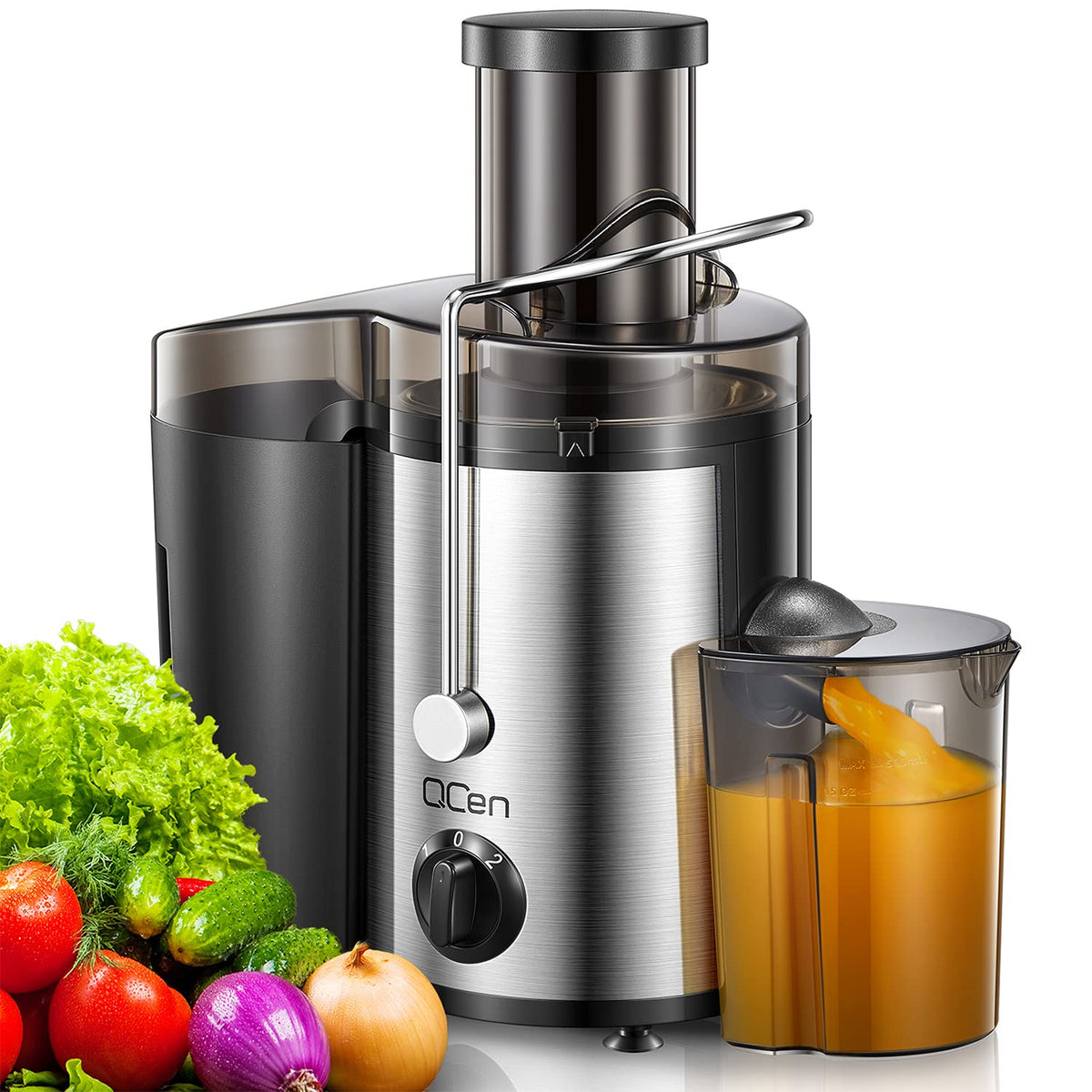 QCen juicer with 500W motor for fast, efficient juicing.