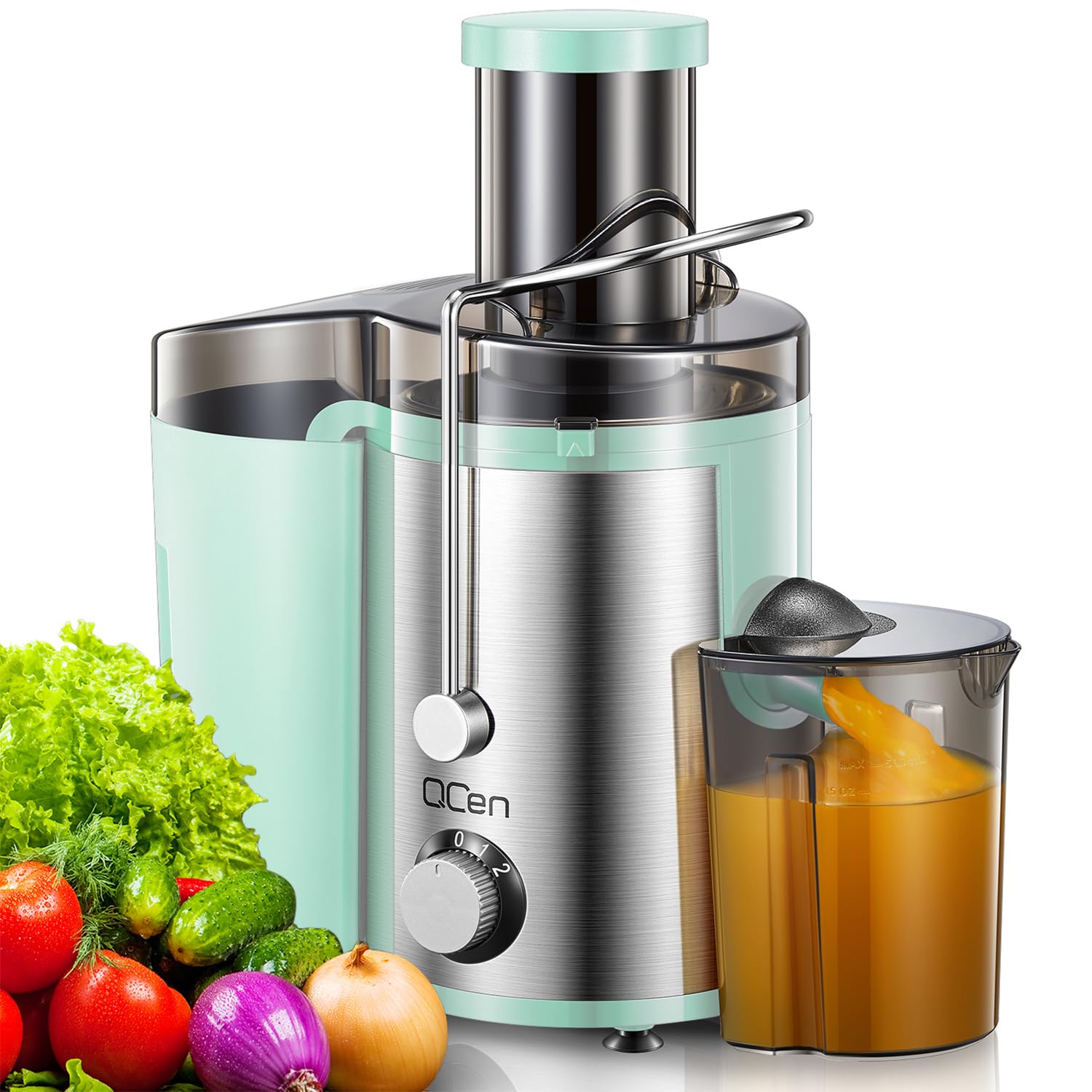 QCen juicer with 800W motor for efficient juice extraction.