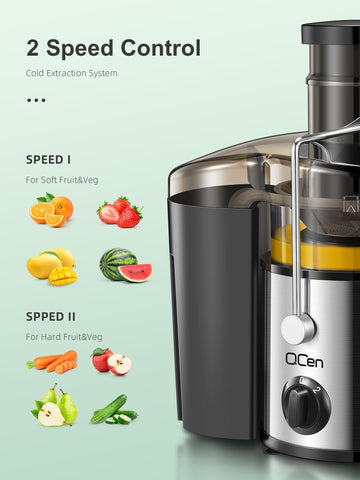 QCen Juicer Dual Speed Control enables soft and hard produce juicing.