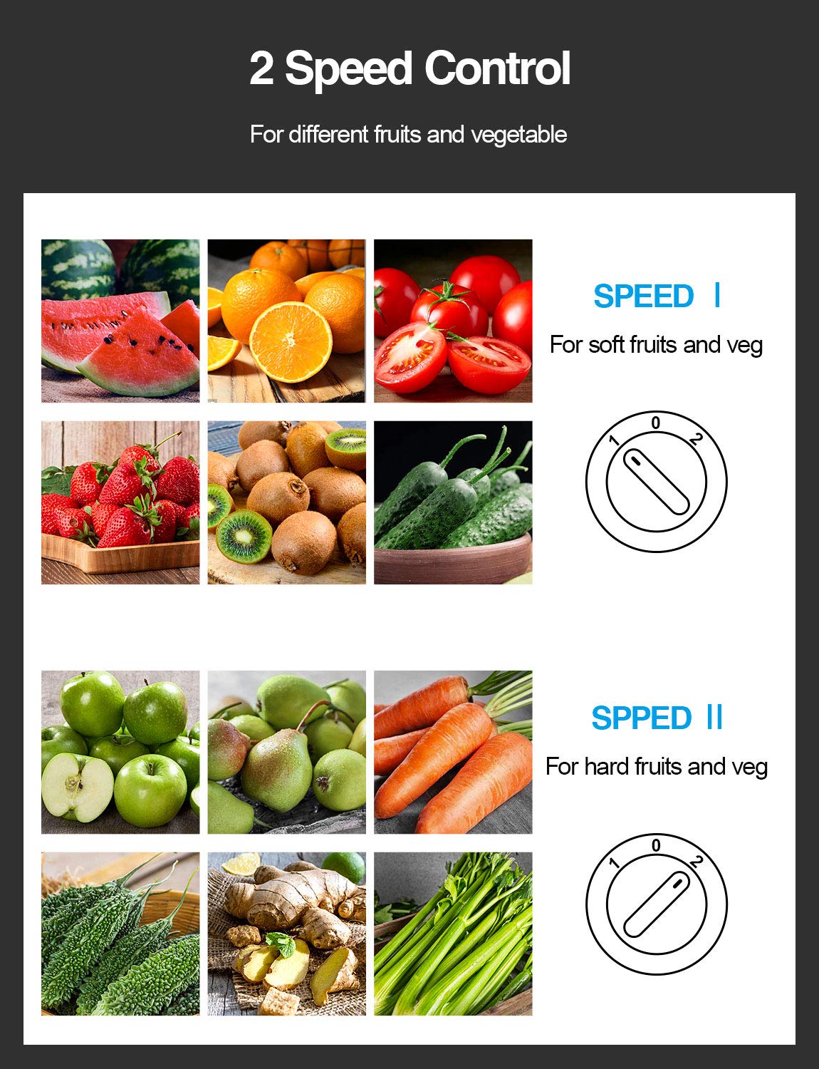 QCen juicer dual-speed control for soft and hard produce.
