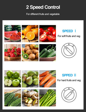 QCen juicer dual-speed control for soft and hard produce.