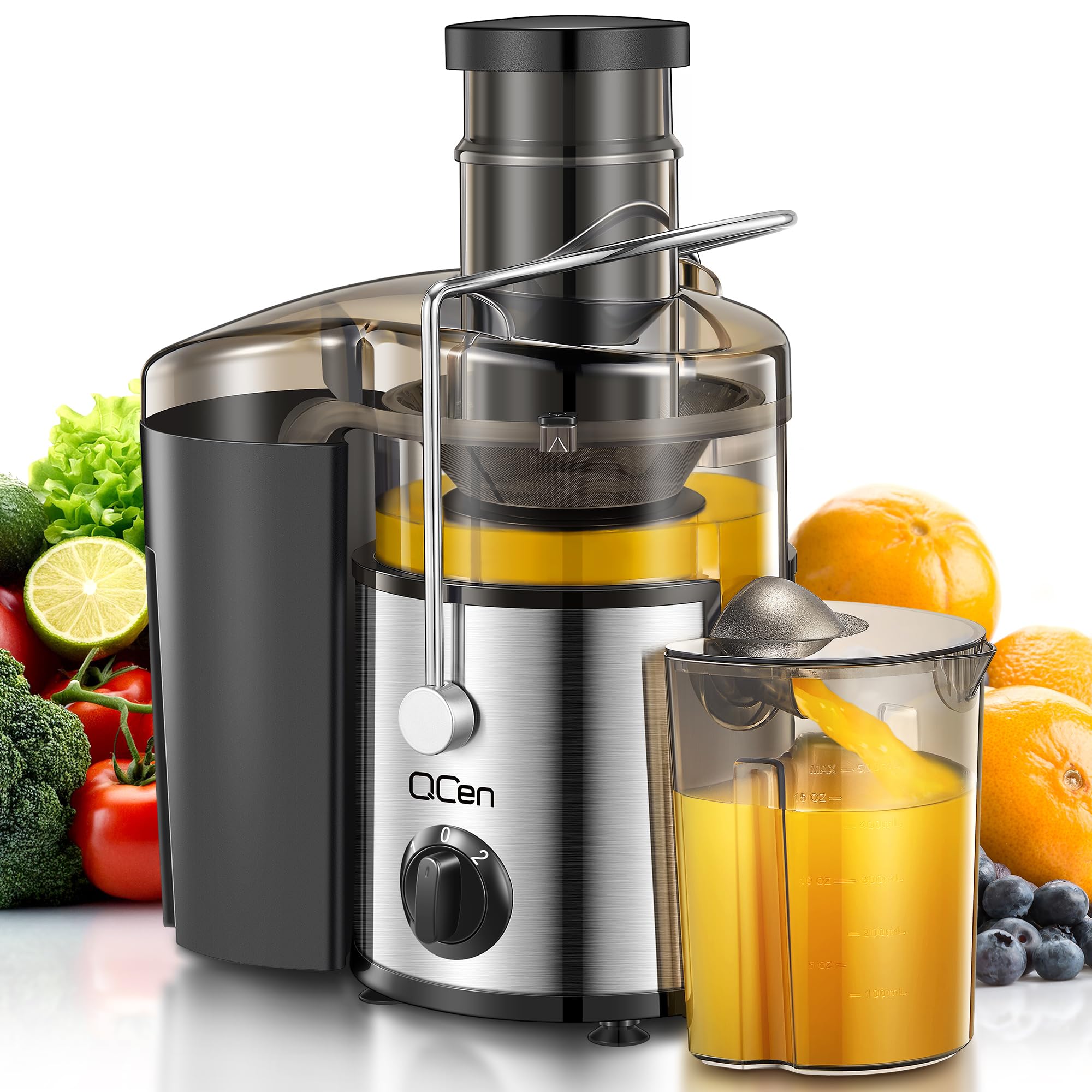 QCen Juicer Machine 500W motor for efficient juice extraction at home.