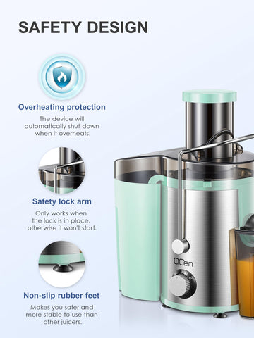 QCen juicer safety lock and overload protection prevents misuse.