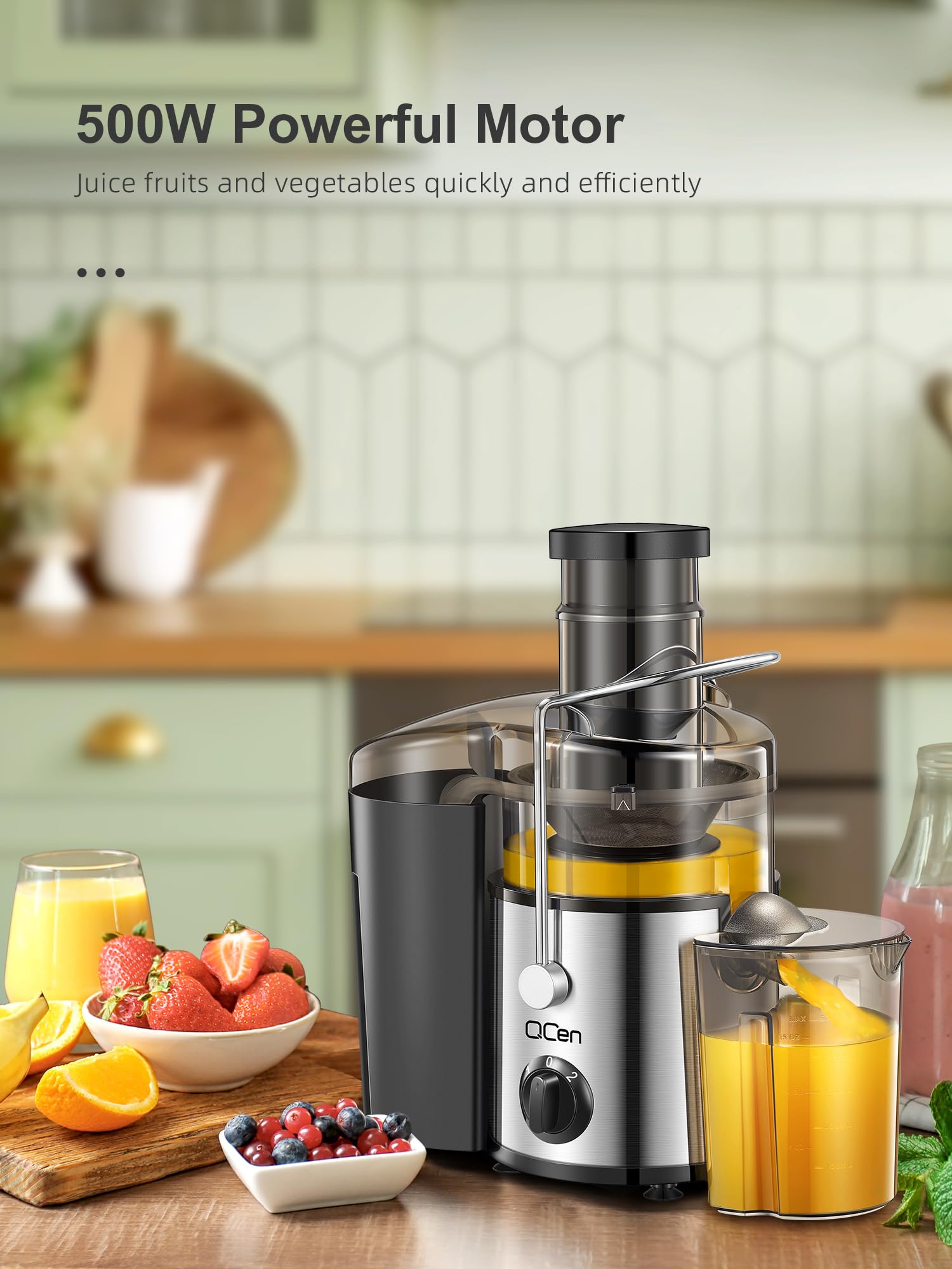 QCen Juicer Safety Locking Arm enhances safe operation during use.