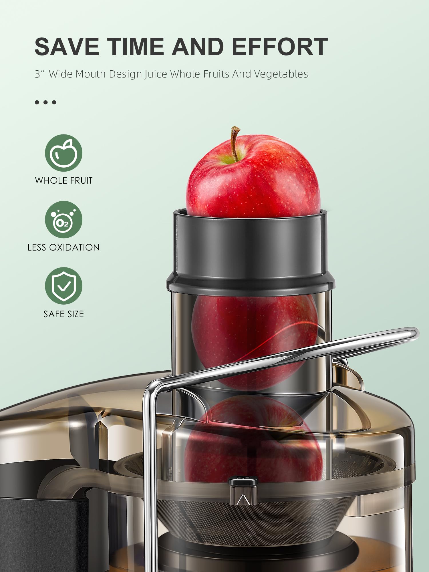 QCen Juicer Wide Mouth shows 3-inch feed for whole-fruit juicing.