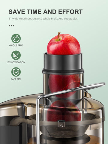 QCen Juicer Wide Mouth shows 3-inch feed for whole-fruit juicing.