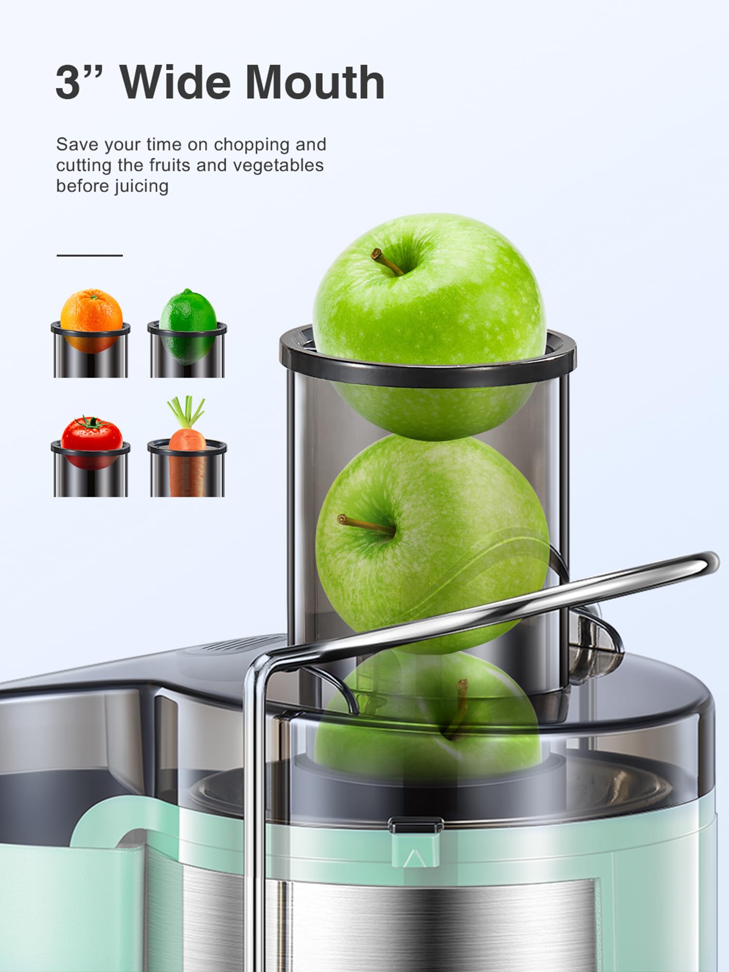 QCen juicer wide mouth 3-inch feed chute for easy loading.