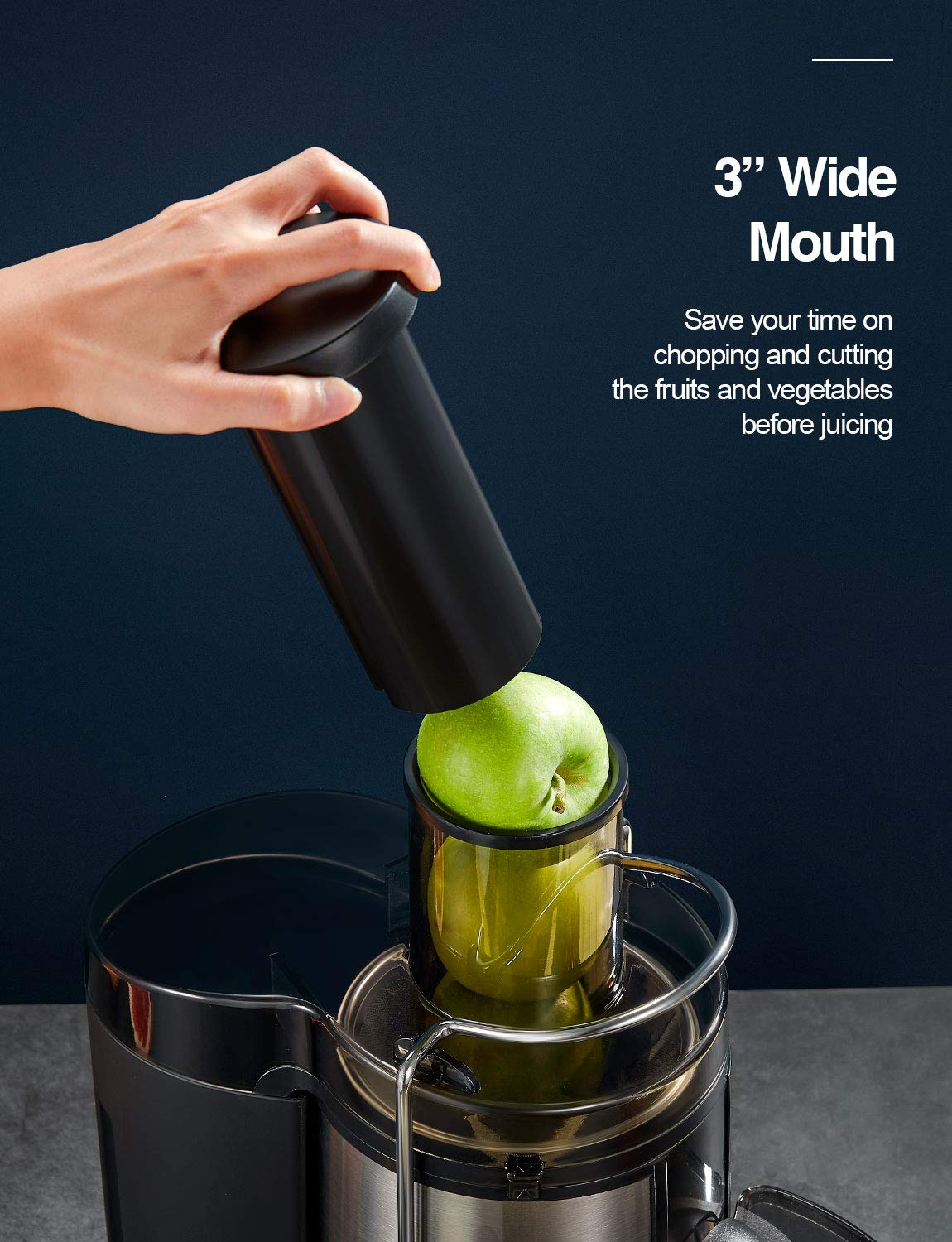 QCen juicer wide mouth 3-inch feed for easier prep.