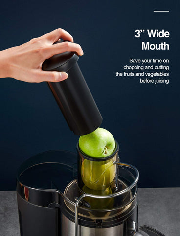 QCen juicer wide mouth 3-inch feed for easier prep.