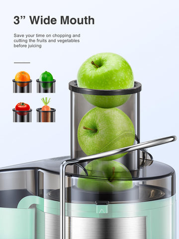 QCen juicer wide mouth 3-inch feed chute for easy loading.
