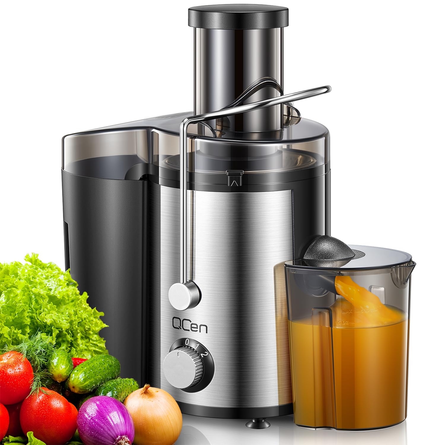 QCen juicer with wide-mouth 3-inch feed chute speeds up prep.
