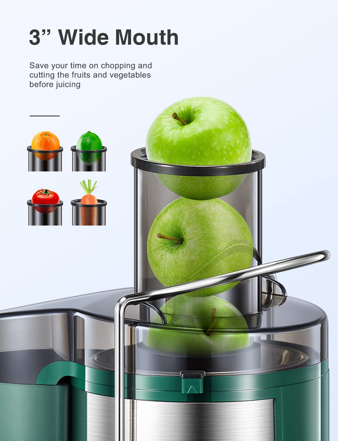 QCen juicer wide-mouth feed chute is ready for fast prep