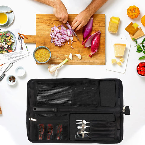 Qchengsan Knife Roll Bag fabric close-up reveals stain-resistant Oxford material.