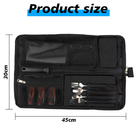 Qchengsan Knife Roll Bag open view reveals organized knife slots and pockets.