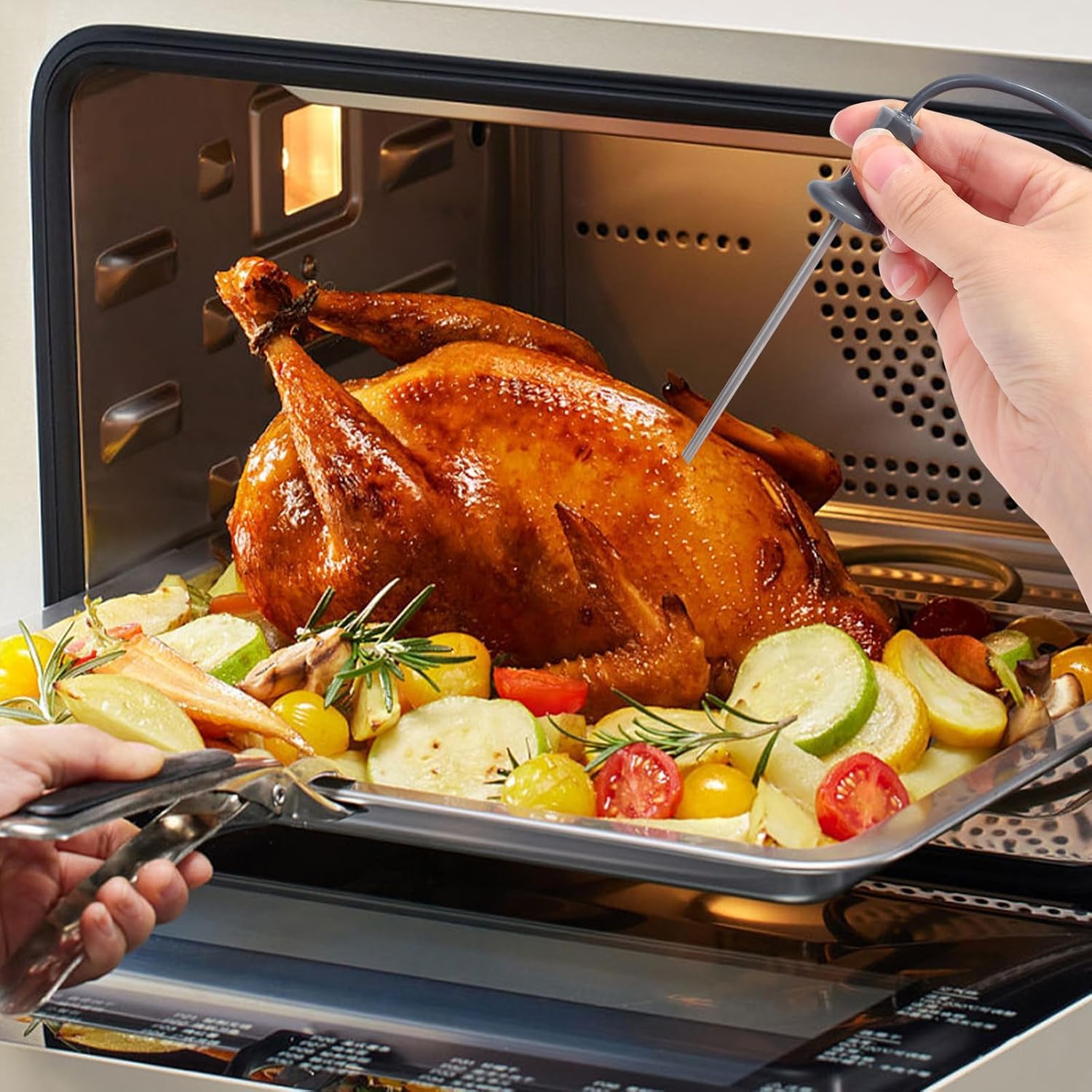 QDYXPXWH meat probe in use helps monitor oven temperature