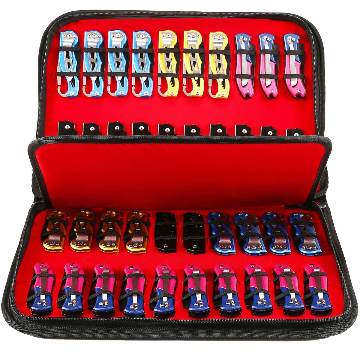 QEES knife display case front view showing 40-slot organized storage for blades