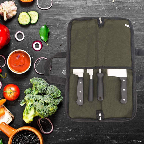QEES knife roll with dedicated slots keeps blades arranged and protected during transit.
