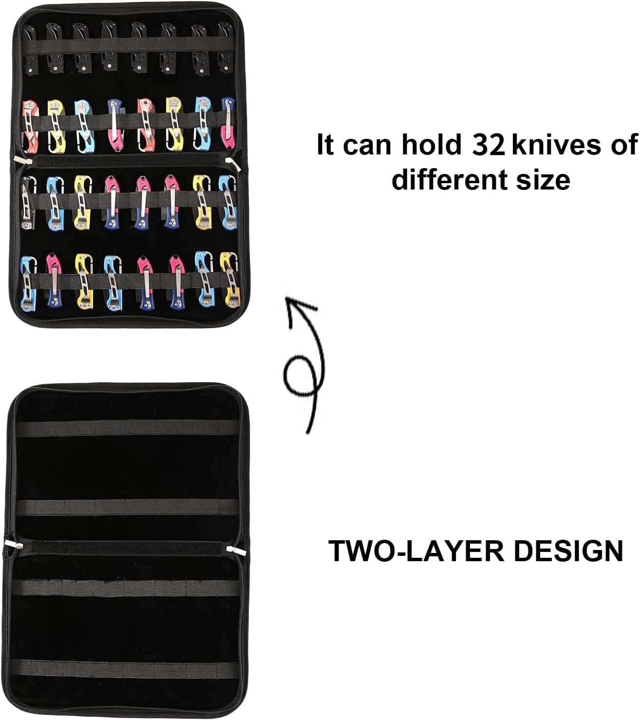 QEES pocket knife storage highlights dense padding protecting blades.