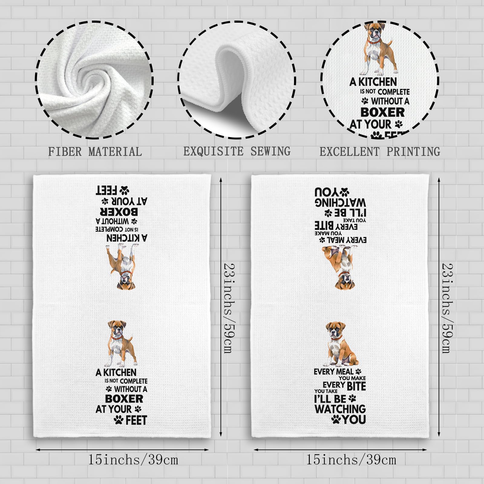 Qeheb Boxer Dog towel provides decorative practicality during daily kitchen routines.