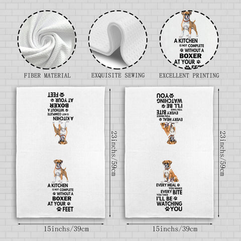 Qeheb Boxer Dog towel provides decorative practicality during daily kitchen routines.