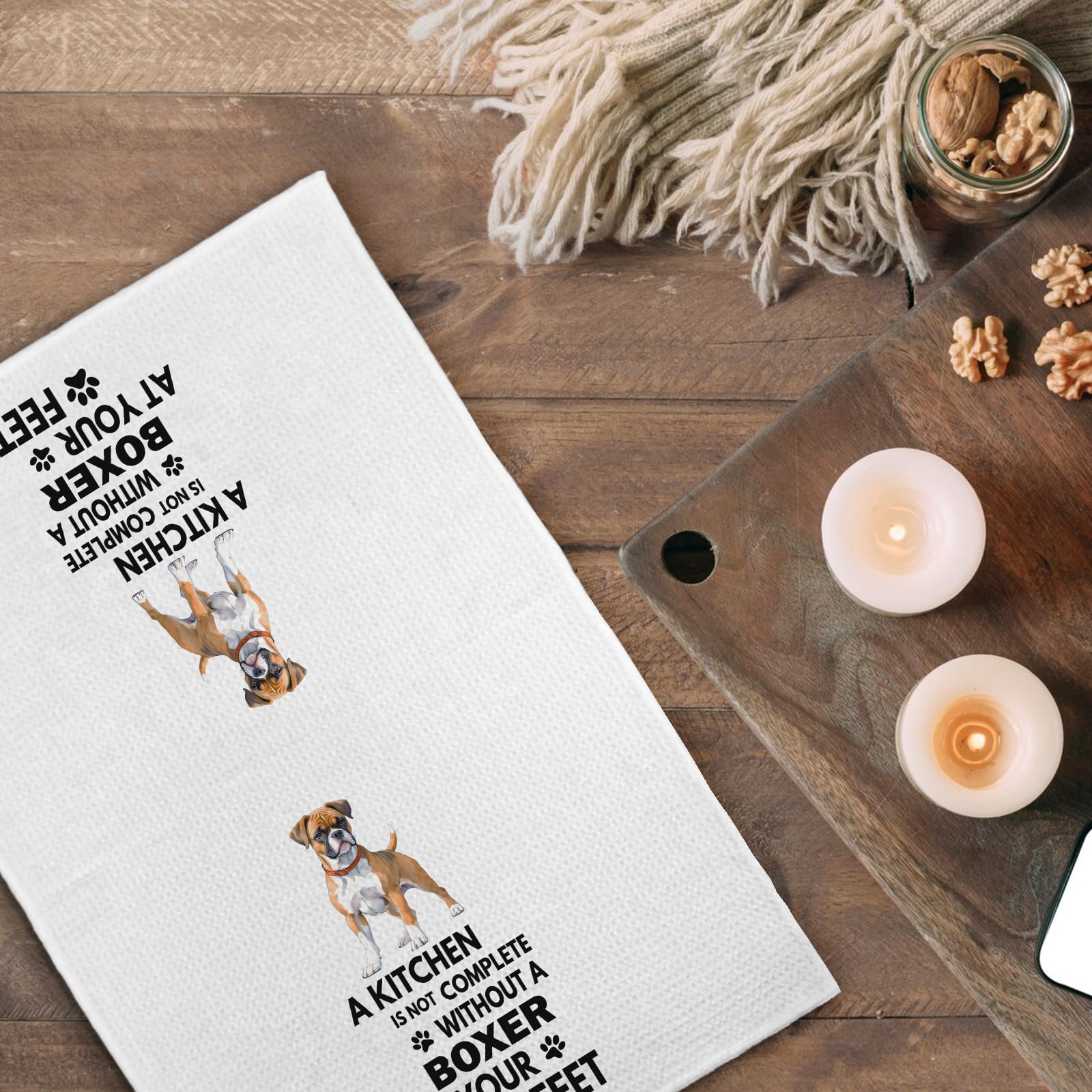 Qeheb Boxer Dog towel multi-use in oven, sink, table for versatile decor.