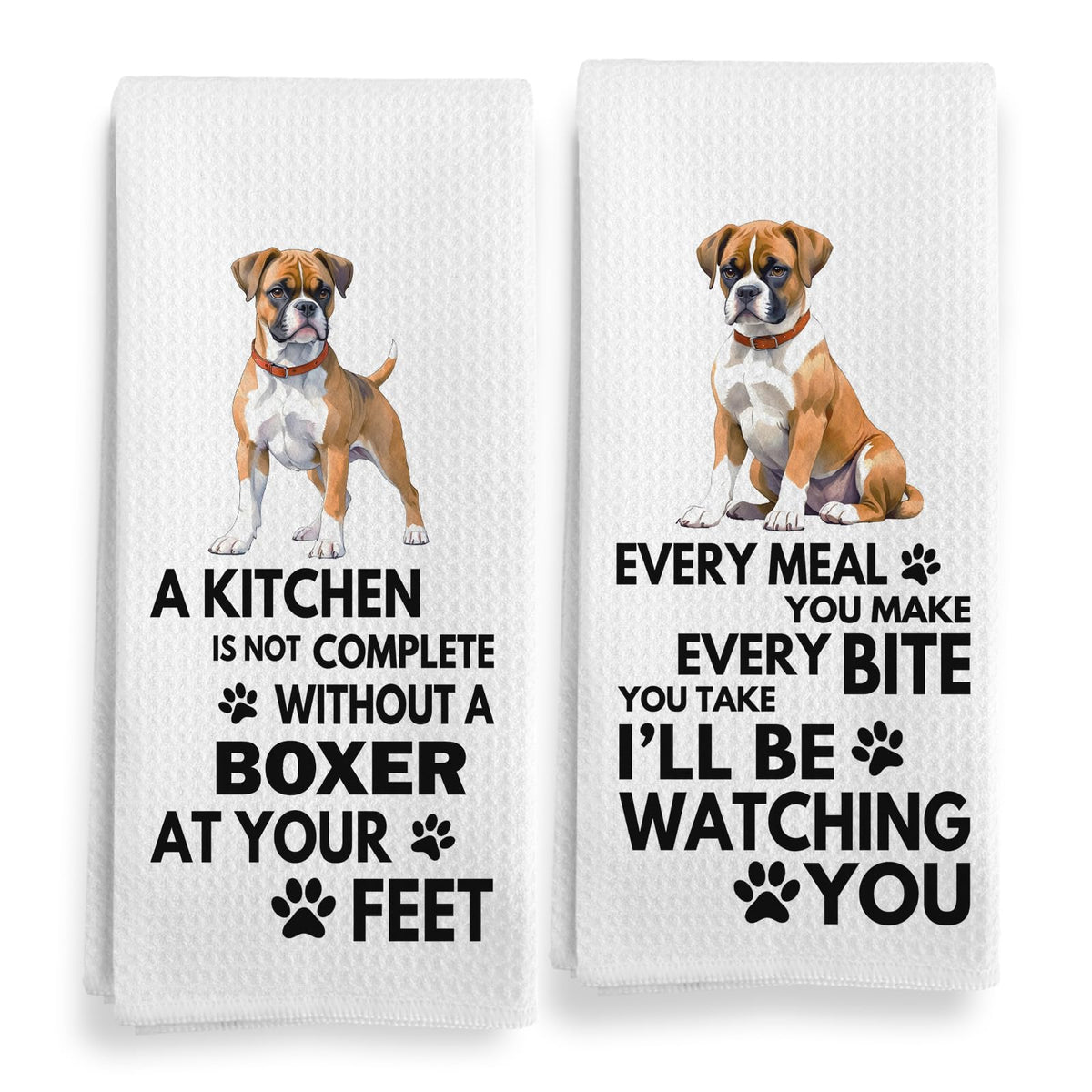 Qeheb Boxer Dog kitchen towel with waffle design, adds cozy texture and quick-drying practicality.