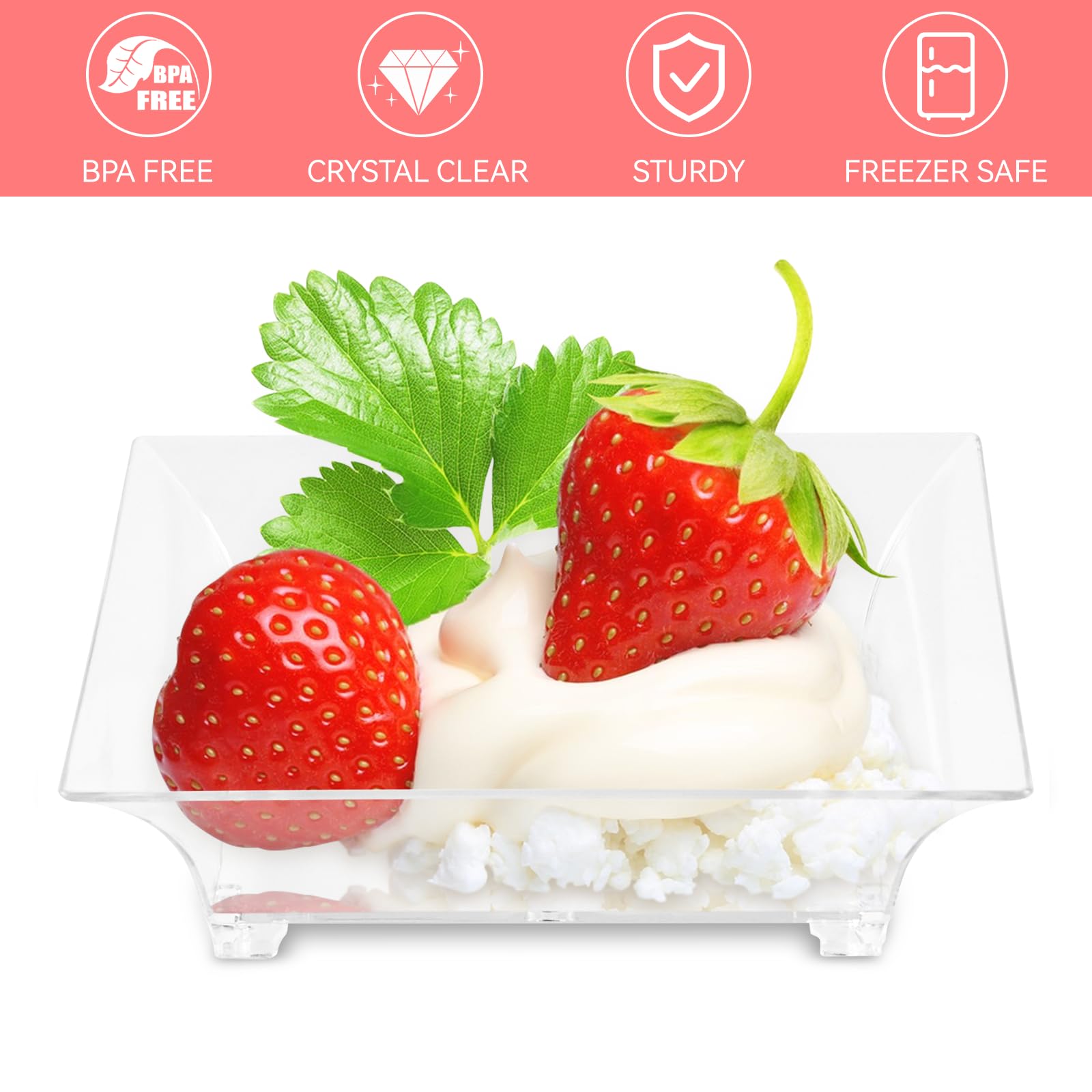 Qeirudu crystal-clear mini plates showcase desserts with stylish presentation.
