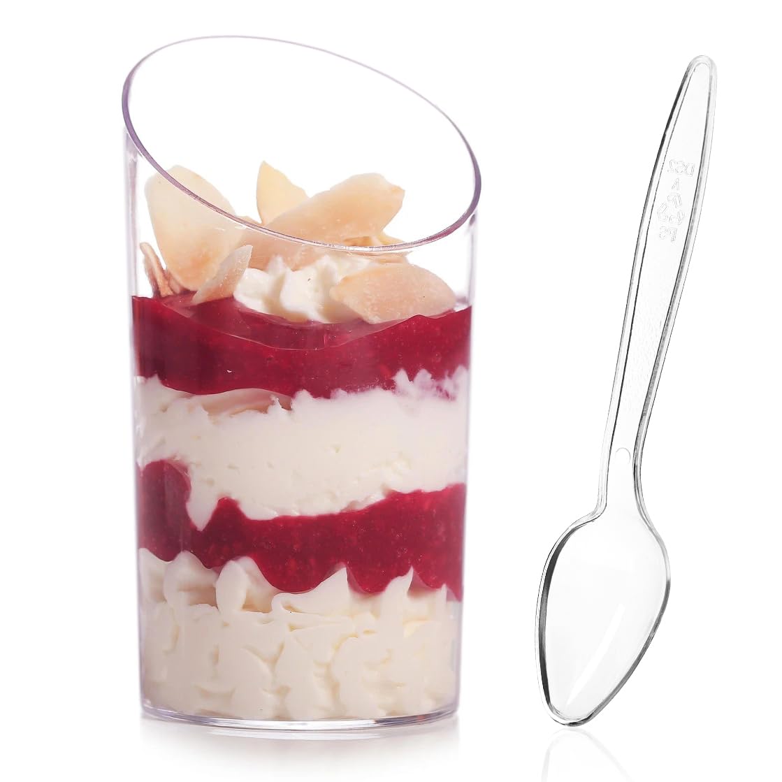 Qeirudu mini slanted dessert cups with spoons displaying clear 2.2 oz portions for tastings