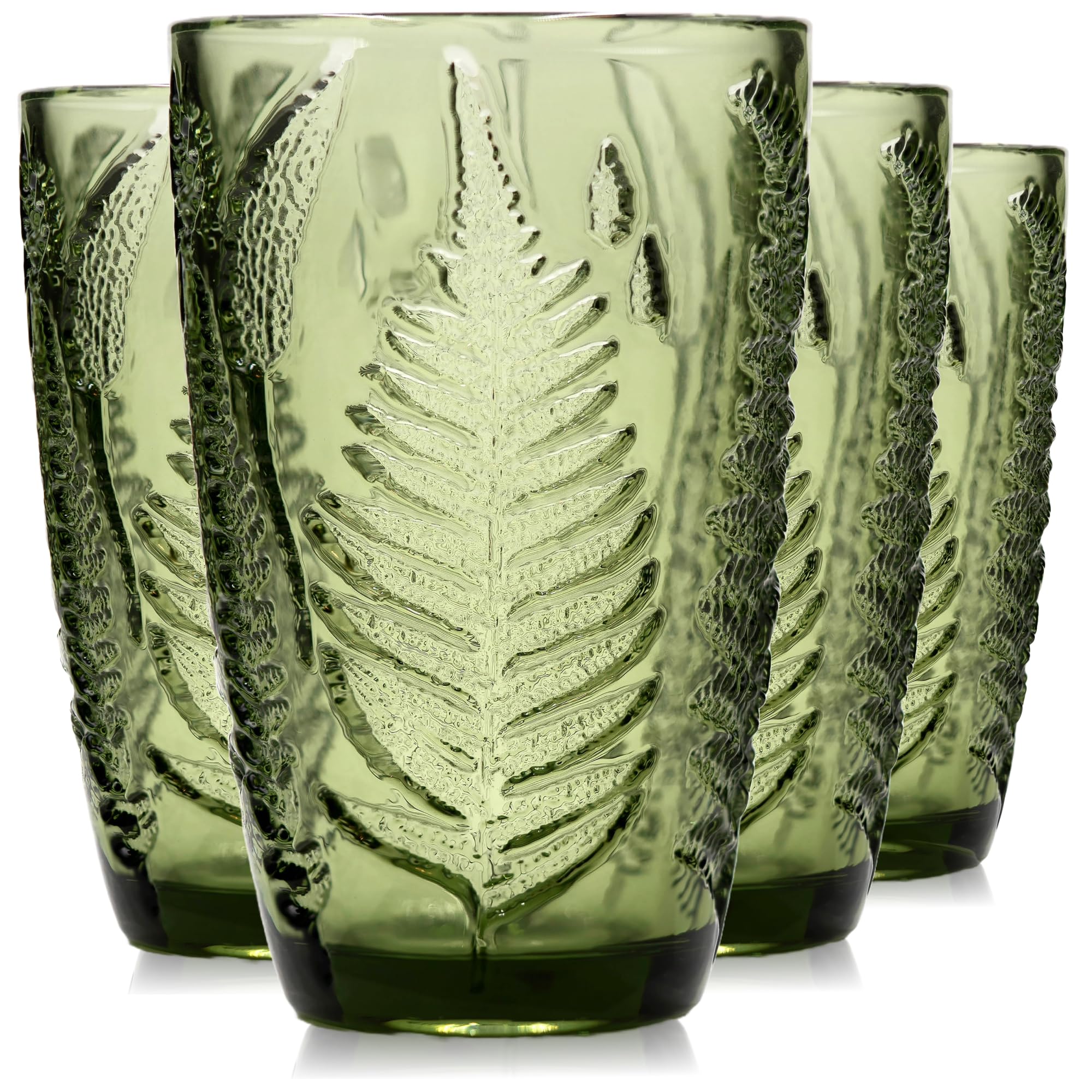 QELVIO green drinking glass with fern embossing for daily hydration and tactile elegance.