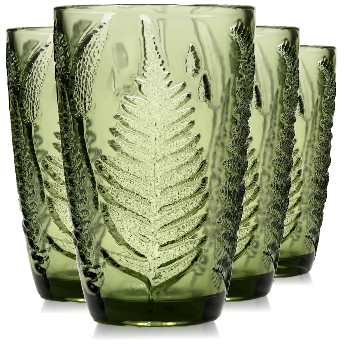 QELVIO green drinking glass with fern embossing for daily hydration and tactile elegance.