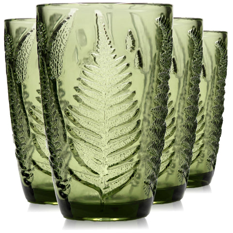 QELVIO green drinking glass with fern embossing for daily hydration and tactile elegance.