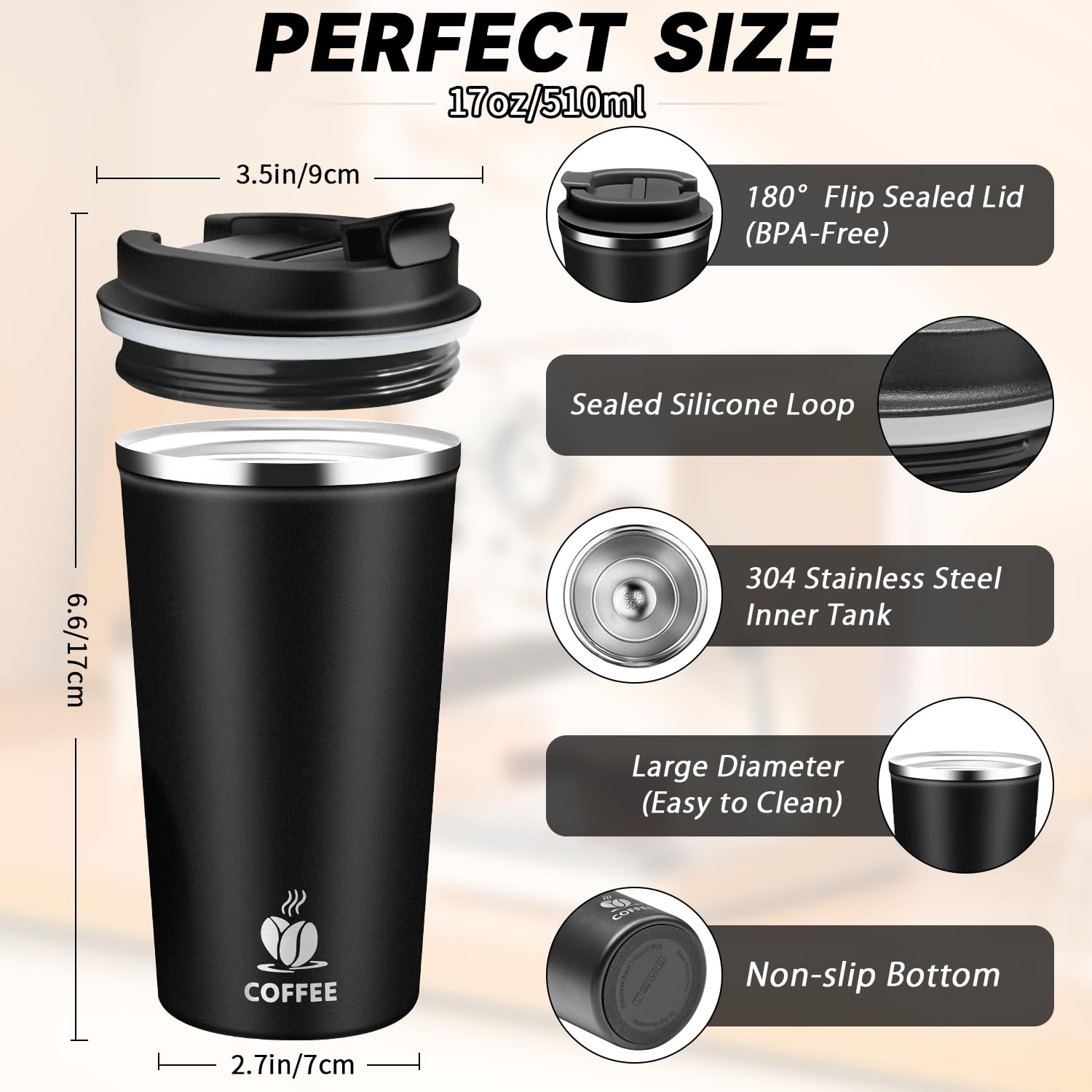 QEMAUUA travel mug with flip lid open for one-handed use