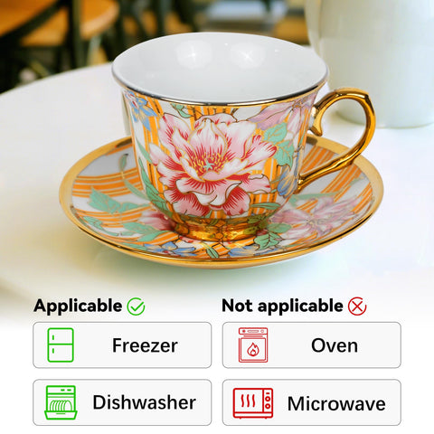 Qetoosur teacups with gold-trim handles add a touch of luxury.