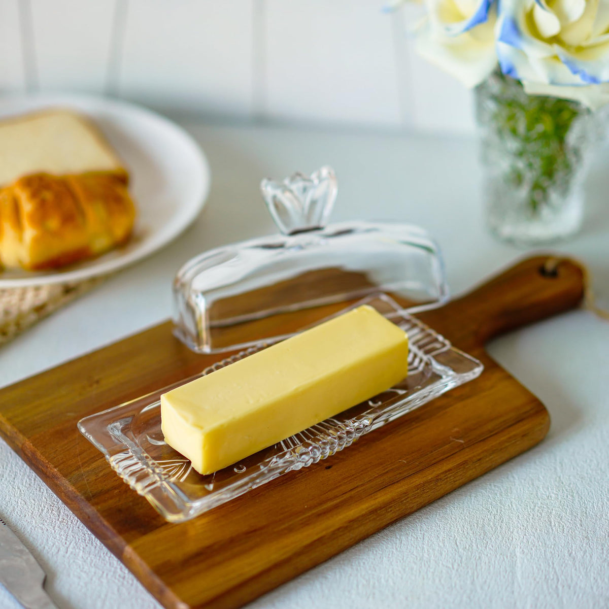 QFkris 7'' Glass Butter Dish with Lid, lid in view for convenient butter access.