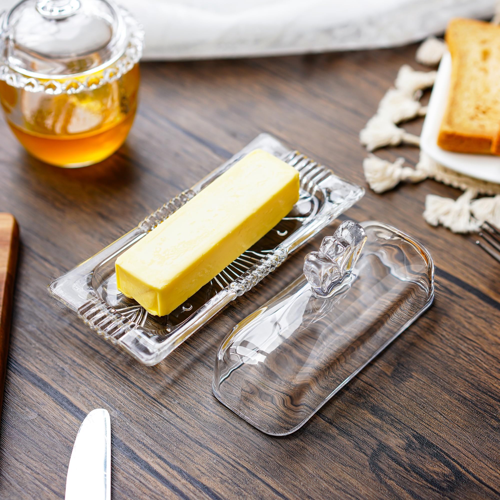 QFkris glass butter dish shows remaining butter at a glance.