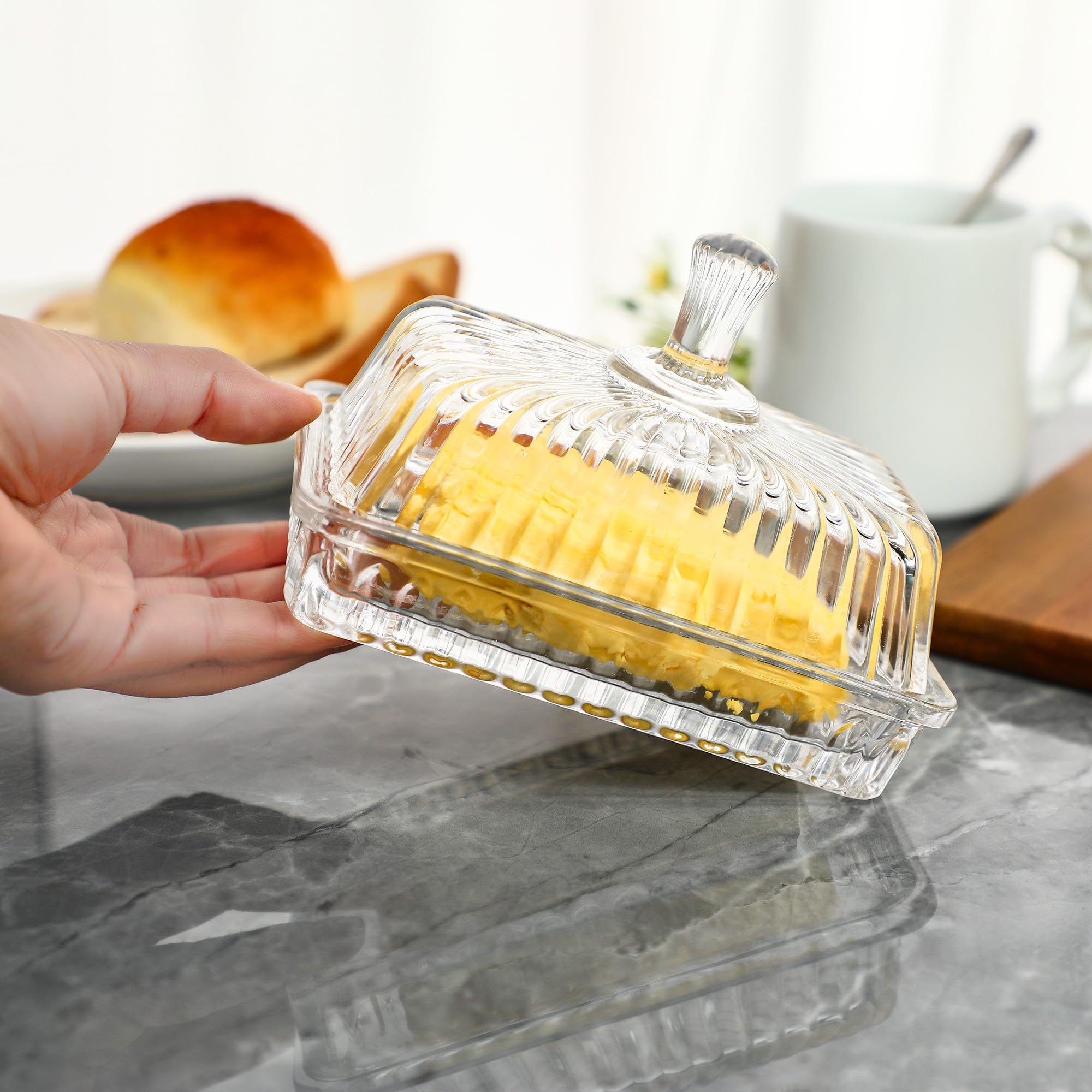 Butter dish shields contents from dust and kitchen debris