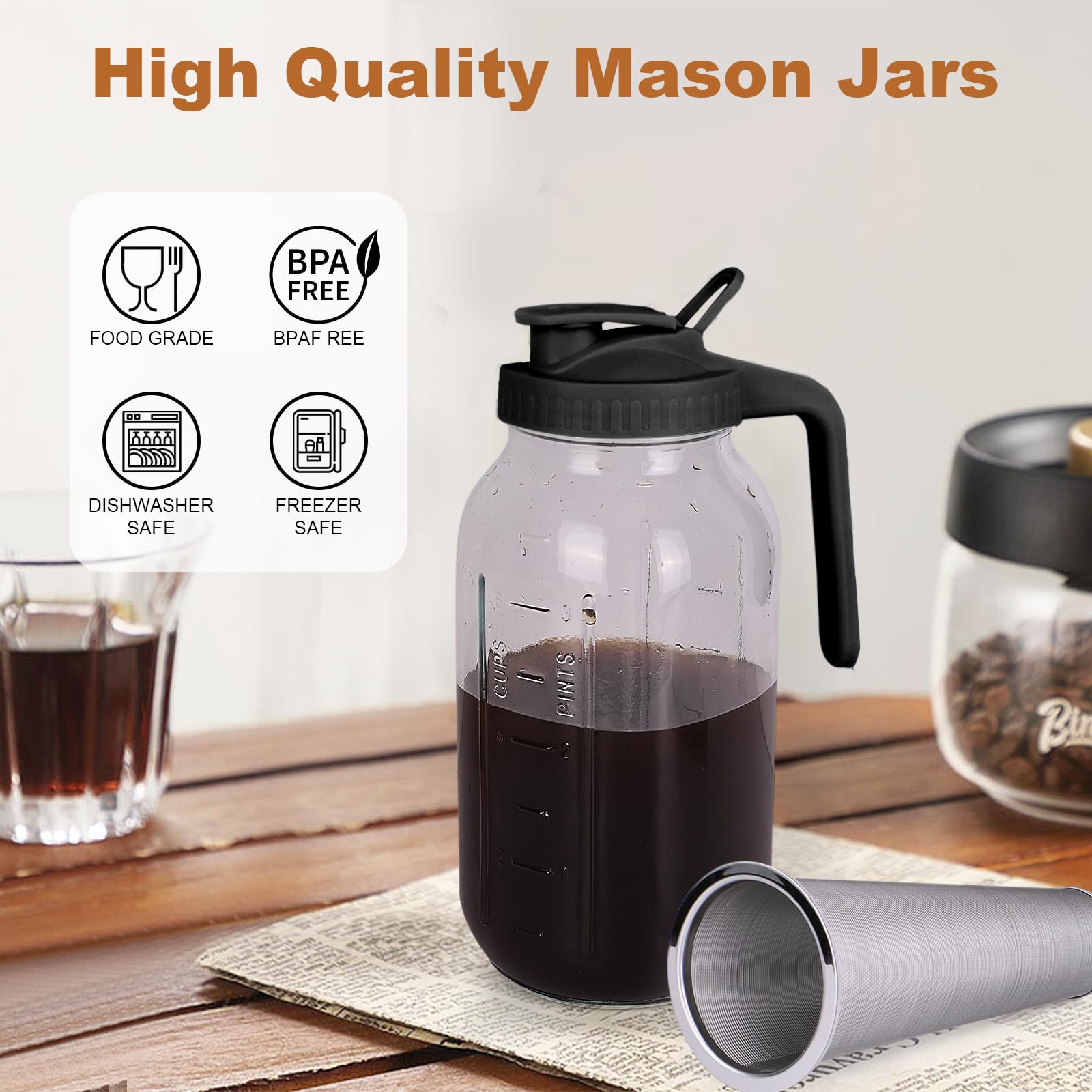 QHH 64 oz pitcher with stainless steel filter for smooth cold brew.