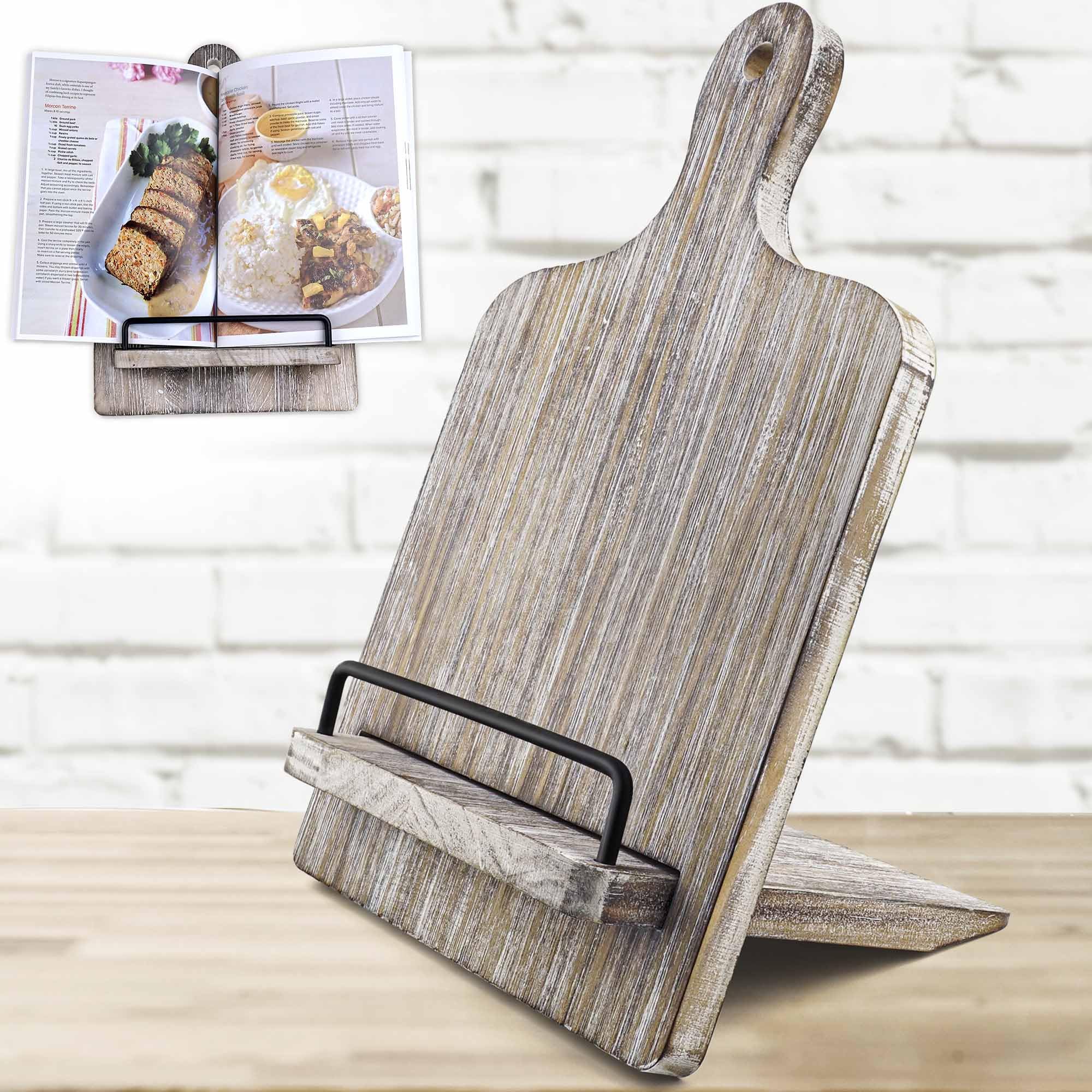Qiang Ni cookbook stand with wooden base keeps dense recipes secure and readable.